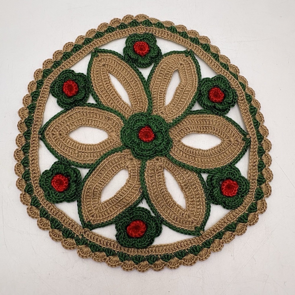 Vintage 13" Handmade Crochet Doily Table Topper Tan Green Red Round Boho Rustic